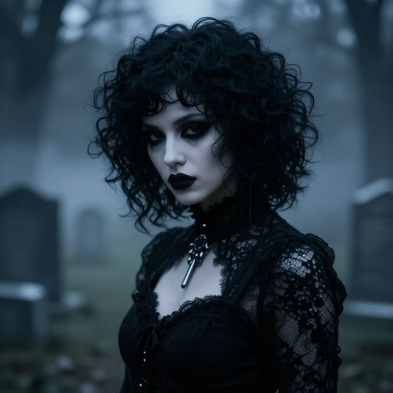 Gothic Woman with Curly Hair in Lace Dress in Foggy Graveyard