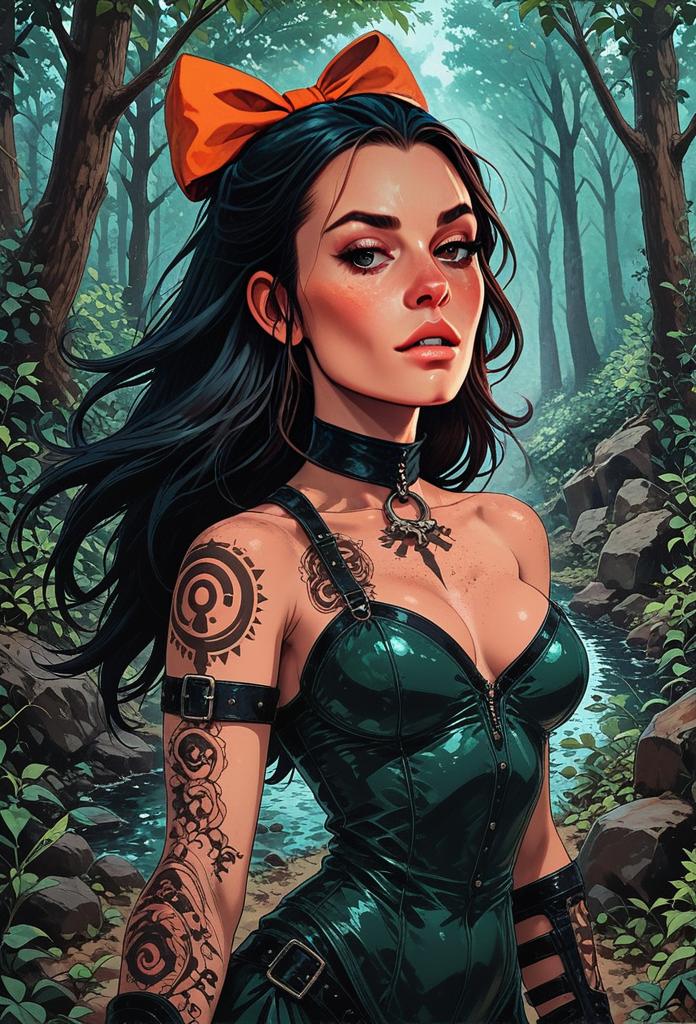 Stylized Digital Artwork of Woman in Leather Outfit with Tattoos and Orange Bow in Forest