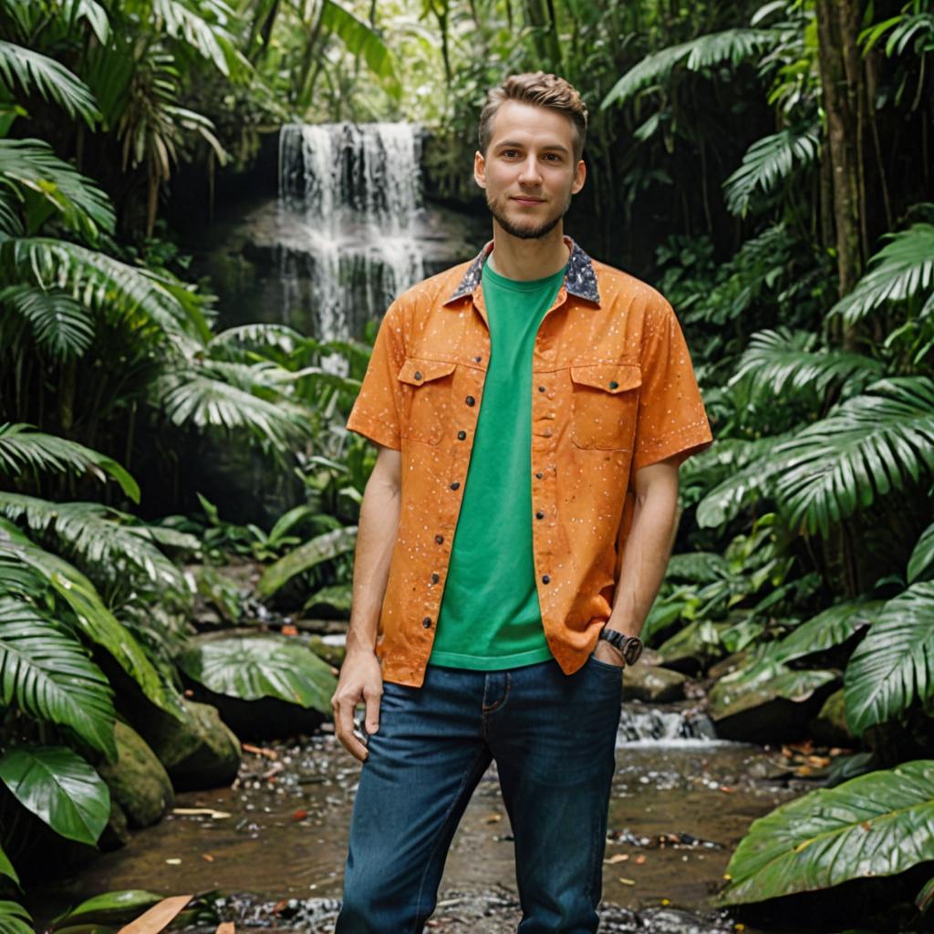 Confident Man by Tropical Waterfall