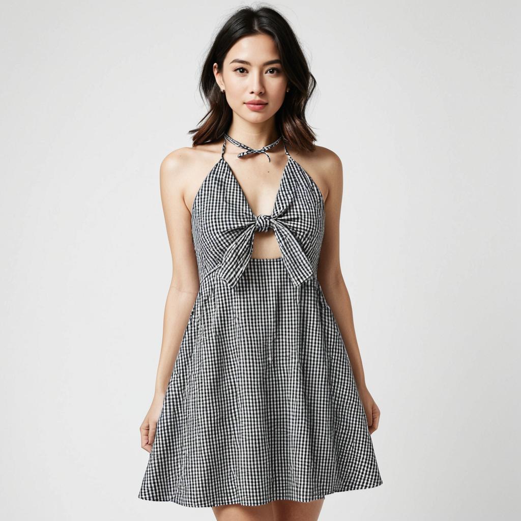 Woman Wearing Modern Casual Black and White Gingham A-Line Mini Dress