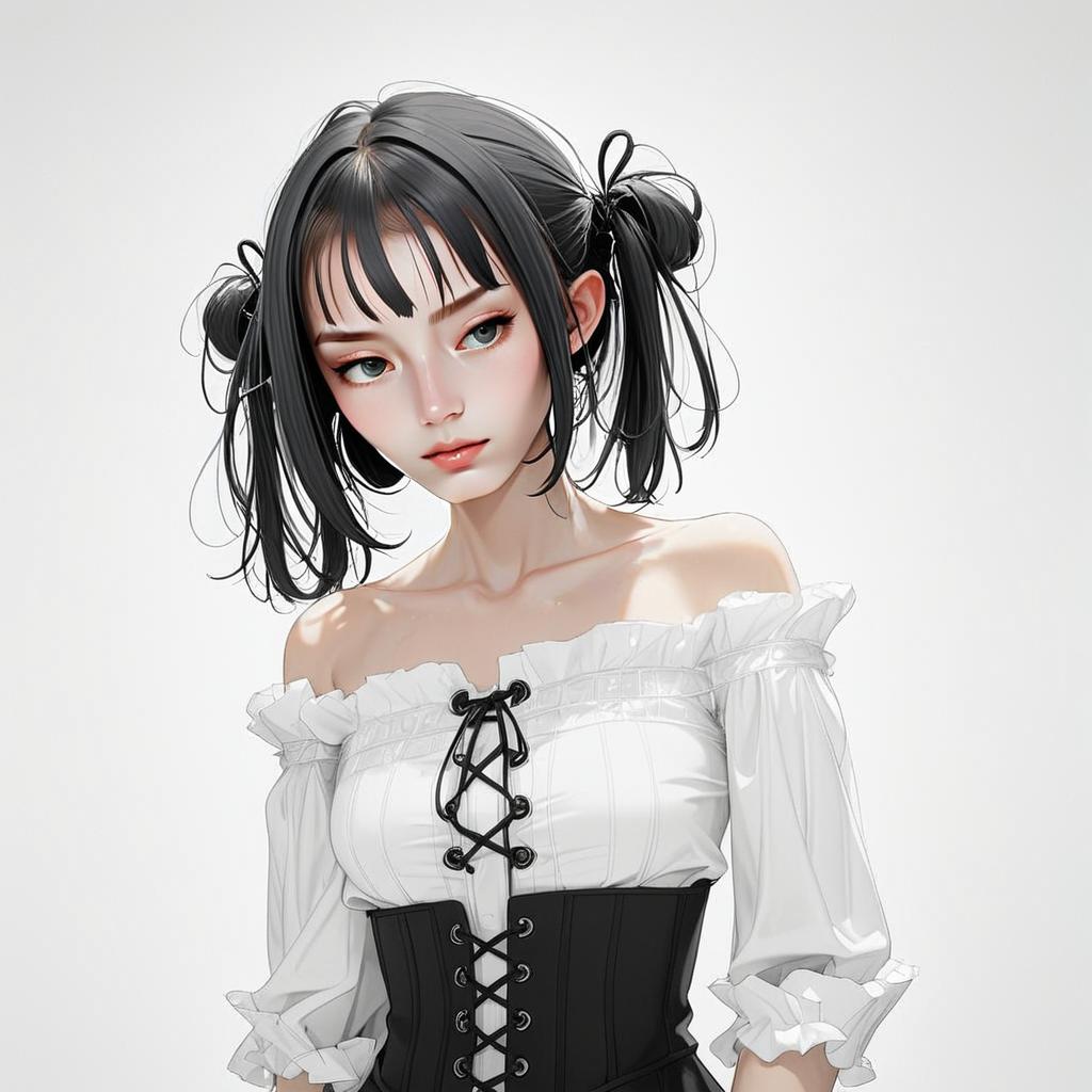 Anime-Inspired Woman in Victorian Blouse and Corset