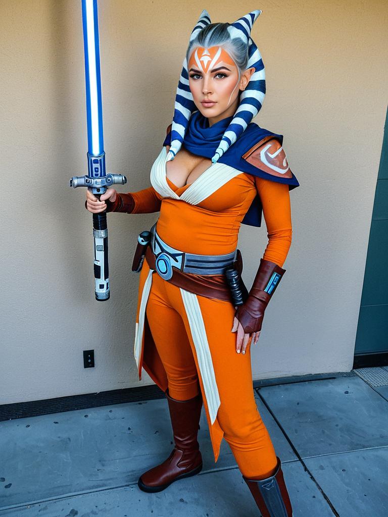 Realistic Ahsoka Tano Cosplay Woman with Lightsaber