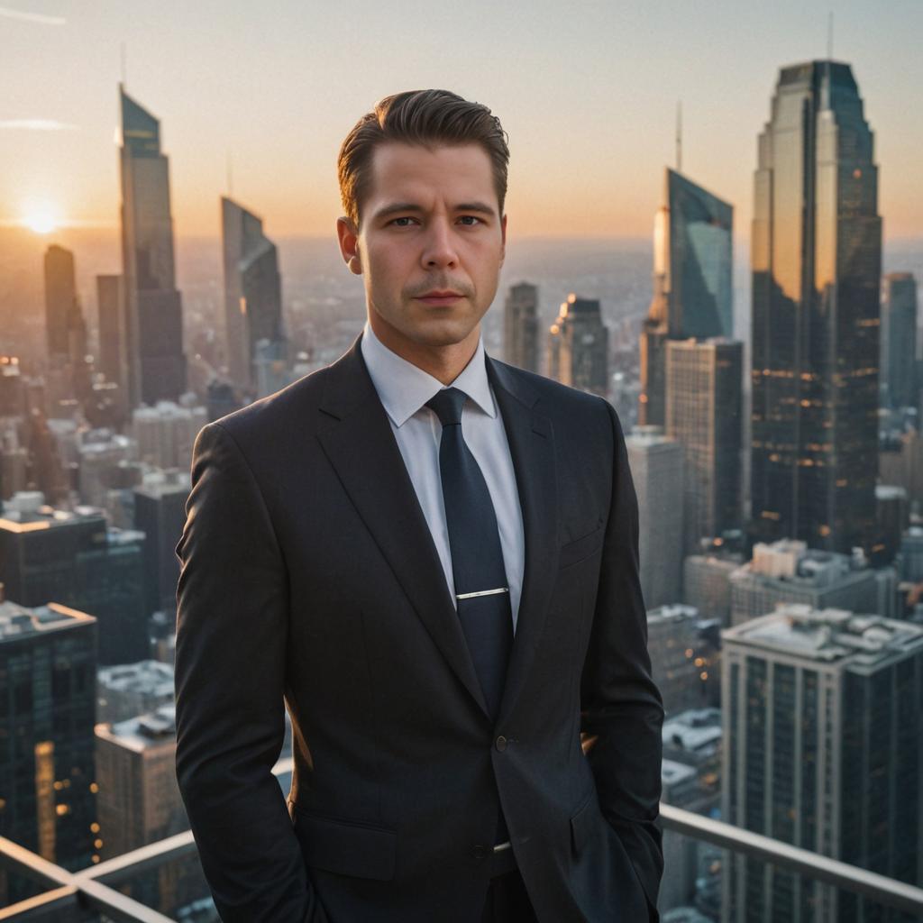 Confident Man in Suit Against City Skyline at Sunset