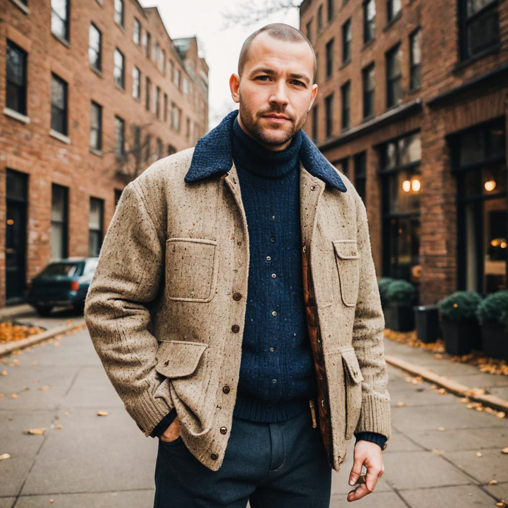 Stylish man in cozy sweater in urban setting