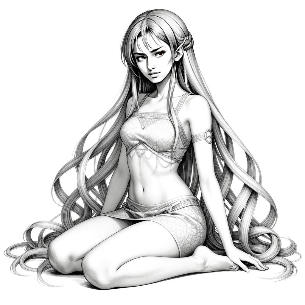 Fantasy Anime Woman with Long Flowing Hair Sitting Gracefully Black and White Illustration
