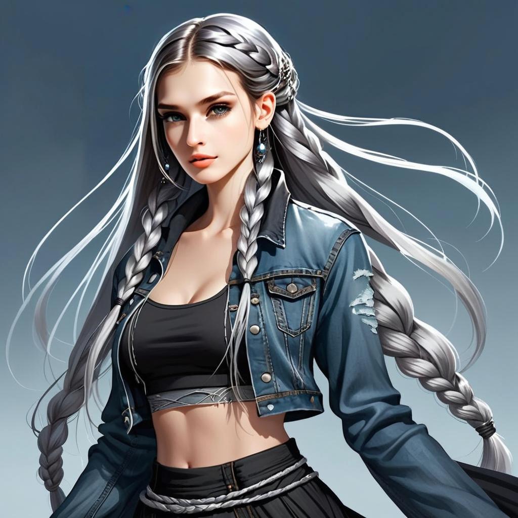 Young Woman with Silver Braided Hair in Denim Jacket