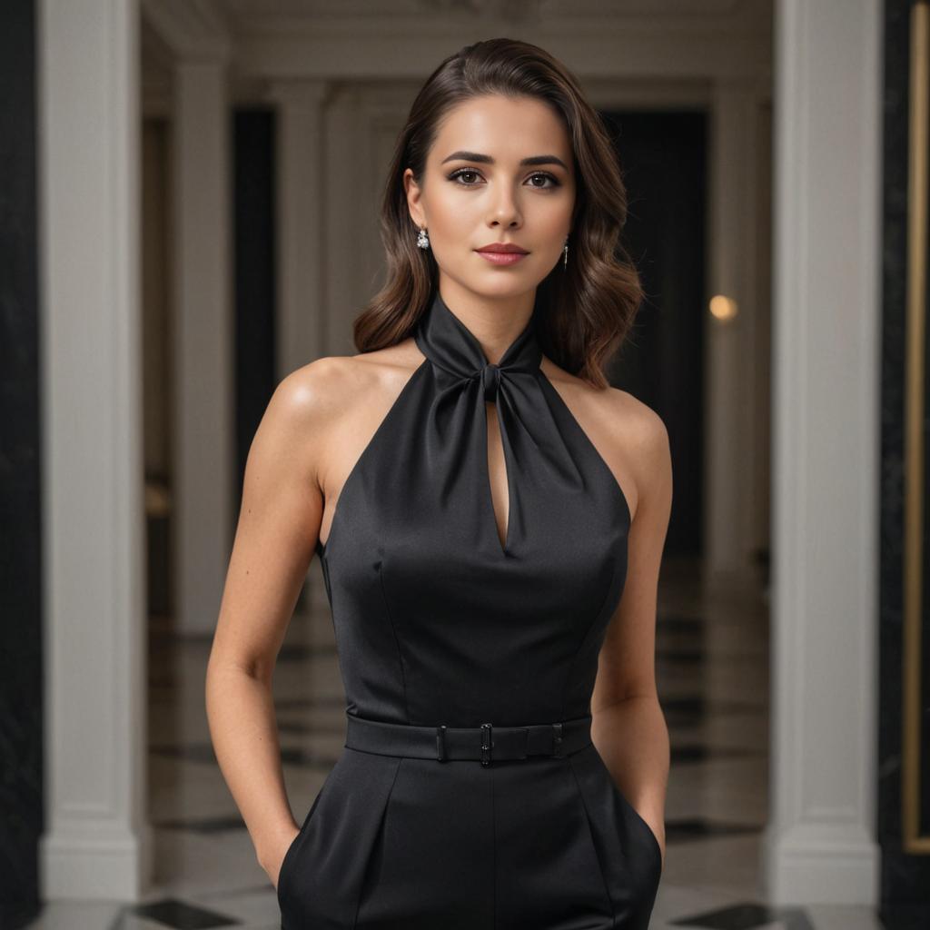 Confident Woman in Elegant Black Halter Dress