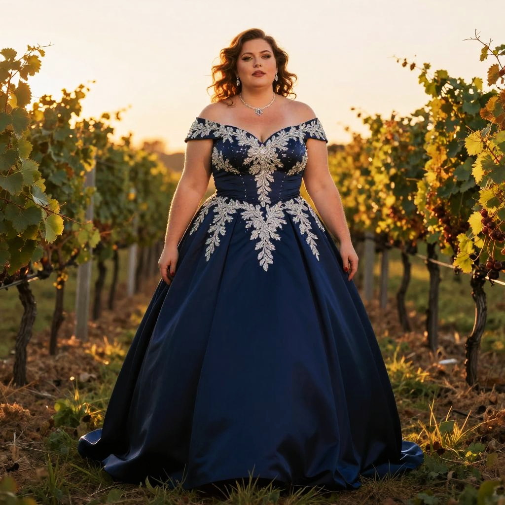Elegant Woman in Navy Blue Embroidered Gown in Vineyard