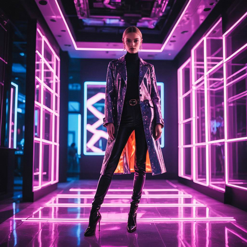 Confident Woman in Futuristic Corridor with Neon Lights