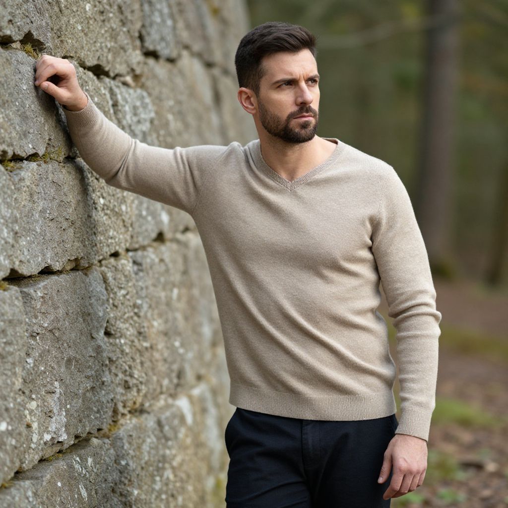 Man in Beige Sweater Leaning on Stone Wall Outdoors