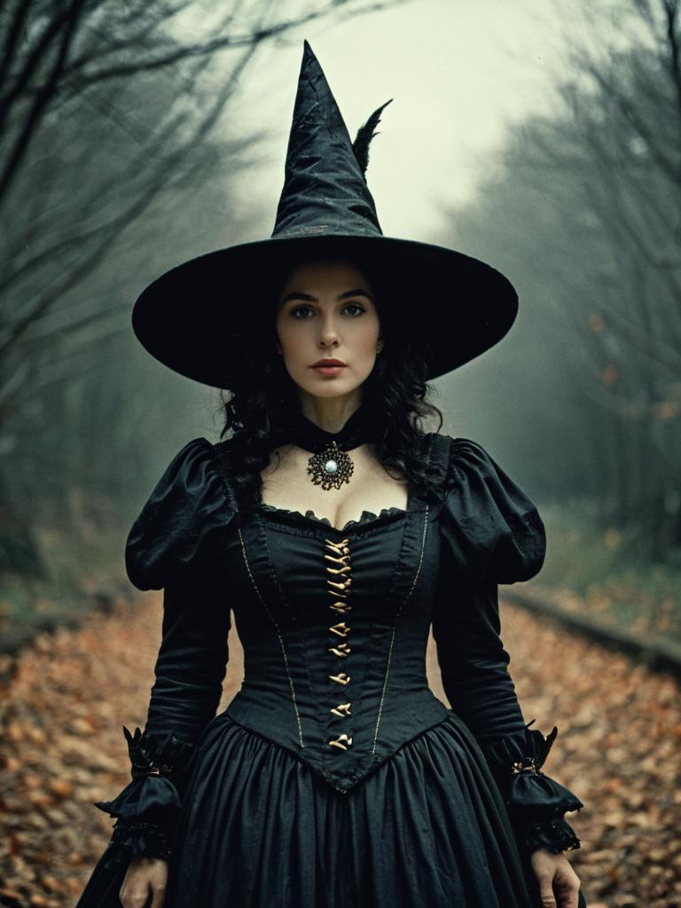 Woman in Elizabethan Witch Costume Waist-Up Editorial Portrait