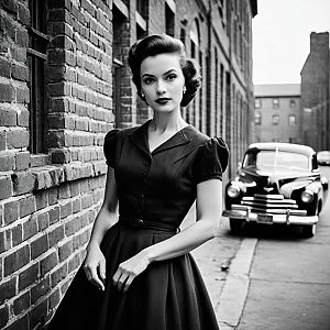 Confident Woman in 1940s Black Dress Against Brick Wall