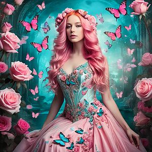 Woman with Pink Hair in Floral Gown in Dreamy Garden