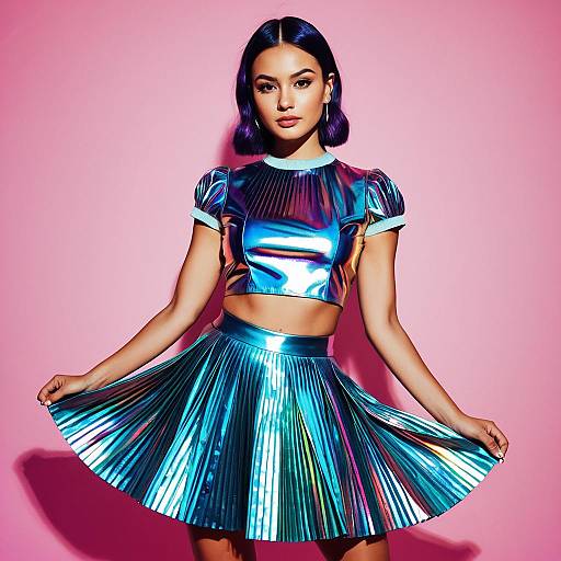 Young Woman in Holographic Metallic Crop Top and Pleated Skirt Fashion Portrait