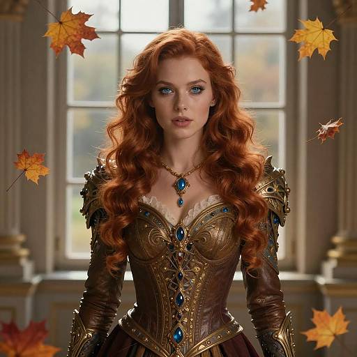 Red-Haired Woman in Ornate Fantasy Armor with Blue Gemstones