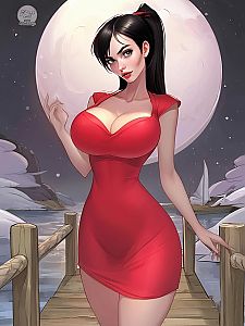 Confident Woman in Red Dress on Dock Under Full Moon