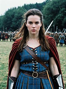 Braveheart Inspired Woman in Medieval Costume with Sword and Red Cloak