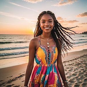 Confident Woman on Beach at Sunset