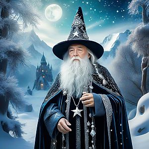 Elderly Wizard in Mystical Winter Landscape