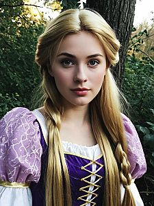 Young Woman in Purple Rapunzel Costume with Long Blonde Braids Outdoor