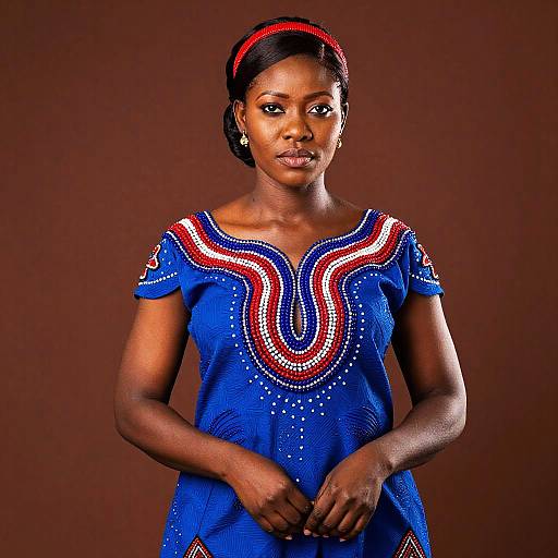 Confident African Woman in Traditional Blue Beaded Dress and Red Headband