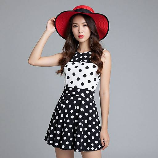 Stylish Woman in Black and White Polka Dot Dress with Red Wide-Brimmed Hat