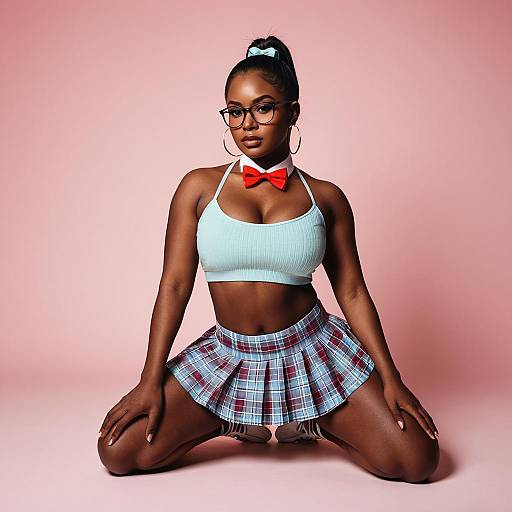 Confident Young Woman in Crop Top and Plaid Skirt Posing on Pink Background