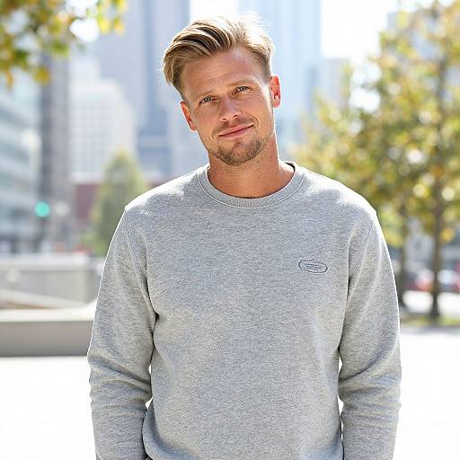Young Man Smiling Outside in Casual Grey Sweatshirt Urban Background