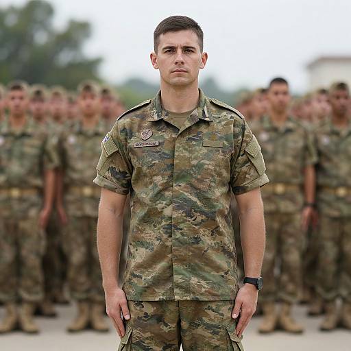 Confident Soldier Leading Military Formation in Camouflage Uniform