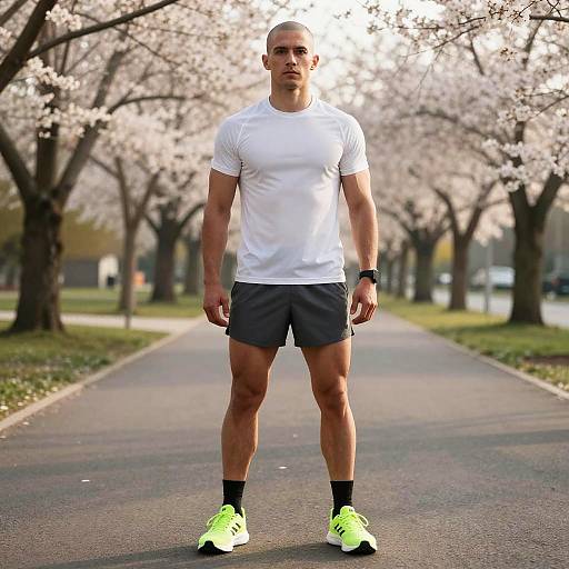 Athletic Young Man in Neon Running Shoes Standing on Cherry Blossom Lined Path