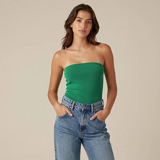 Young Woman in Trendy Green Strapless Top and High-Waisted Jeans Gen Z Fashion