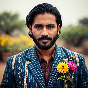 Rajasthani Man in Traditional Suit with Flowers