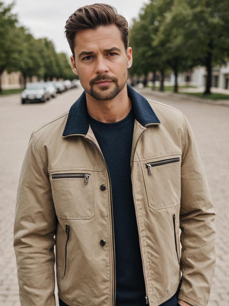 Stylish man in beige jacket outdoors