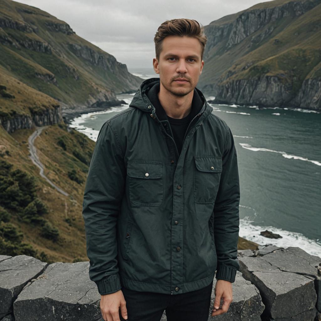 Man in Casual Attire Against Rugged Mountains and River