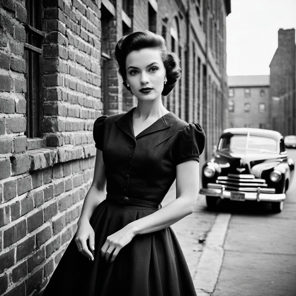 Confident Woman in 1940s Black Dress Against Brick Wall