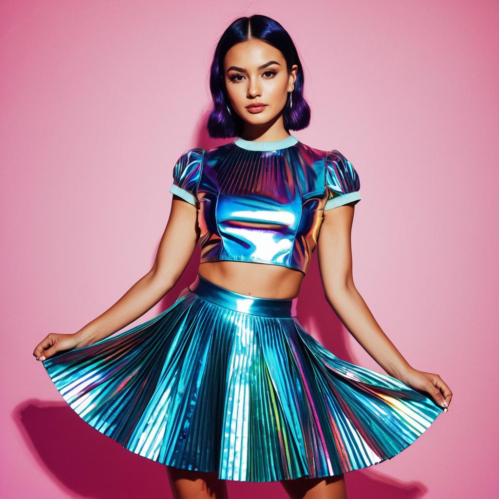 Young Woman in Holographic Metallic Crop Top and Pleated Skirt Fashion Portrait