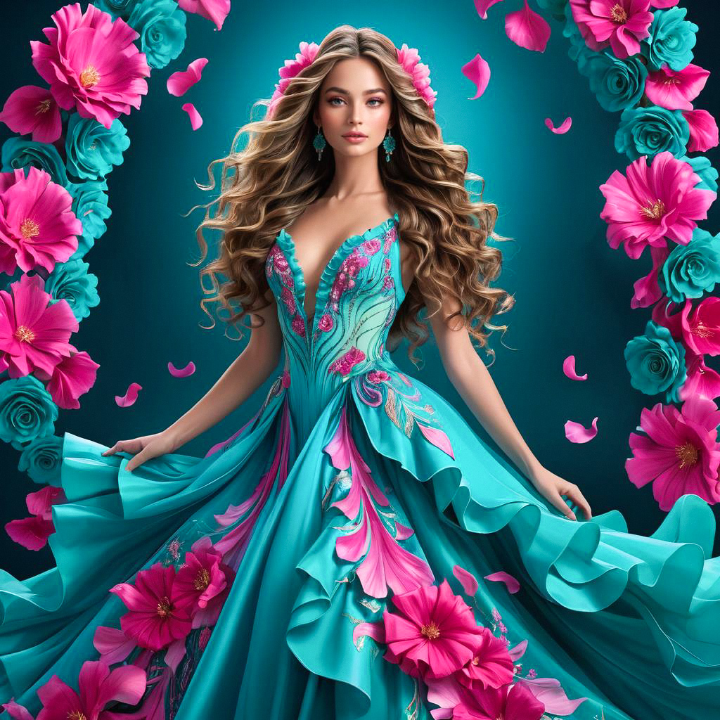Stunning Woman in Turquoise Gown with Floral Patterns Stunning Woman in Turquoise Gown with Floral Patterns
