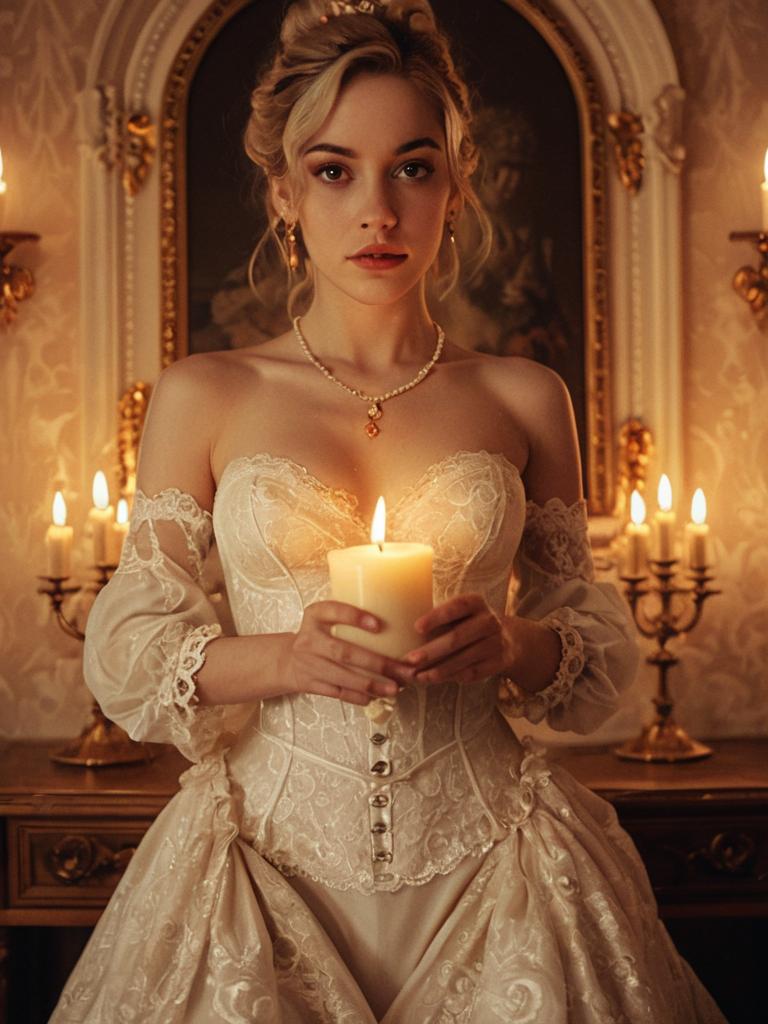 Vintage Victorian Woman in Cream Lace Corset Gown Holding Candle