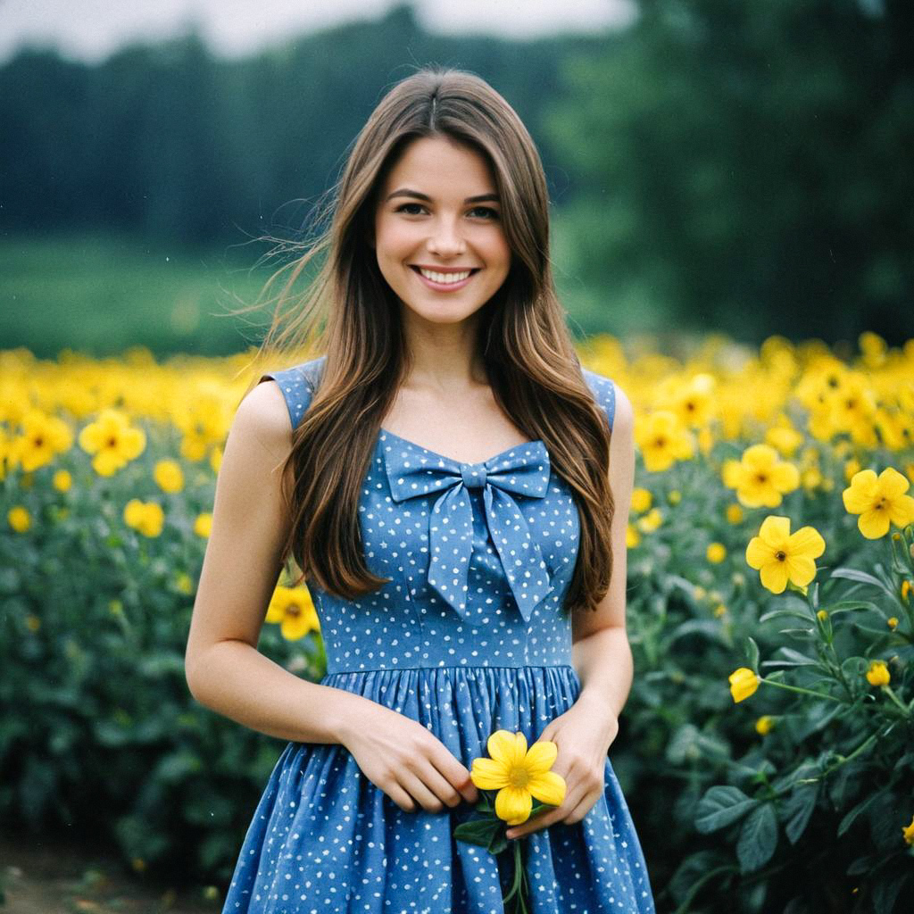 Young Woman in Blue Dress in Yellow Flower Field
