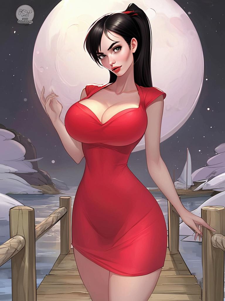 Confident Woman in Red Dress on Dock Under Full Moon Confident Woman in Red Dress on Dock Under Full Moon