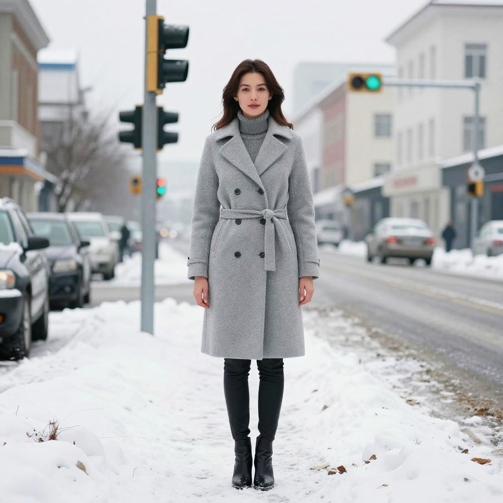 Woman in Grey Wool Coat Standing on Snowy Urban Street in Cold Weather Professional Attire