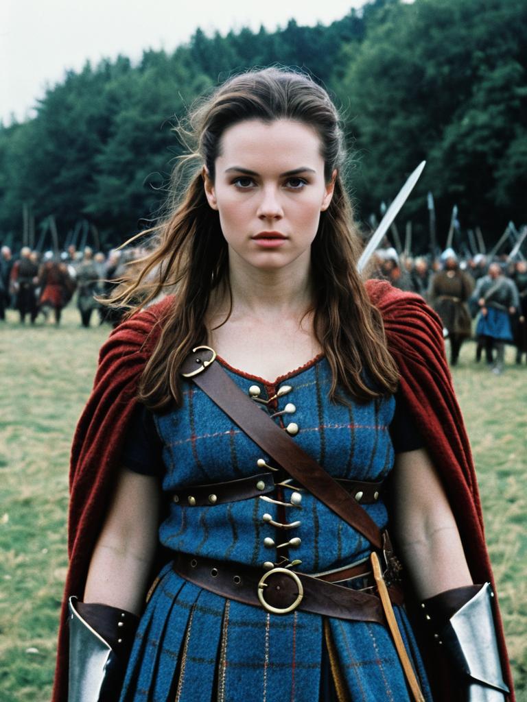 Braveheart Inspired Woman in Medieval Costume with Sword and Red Cloak