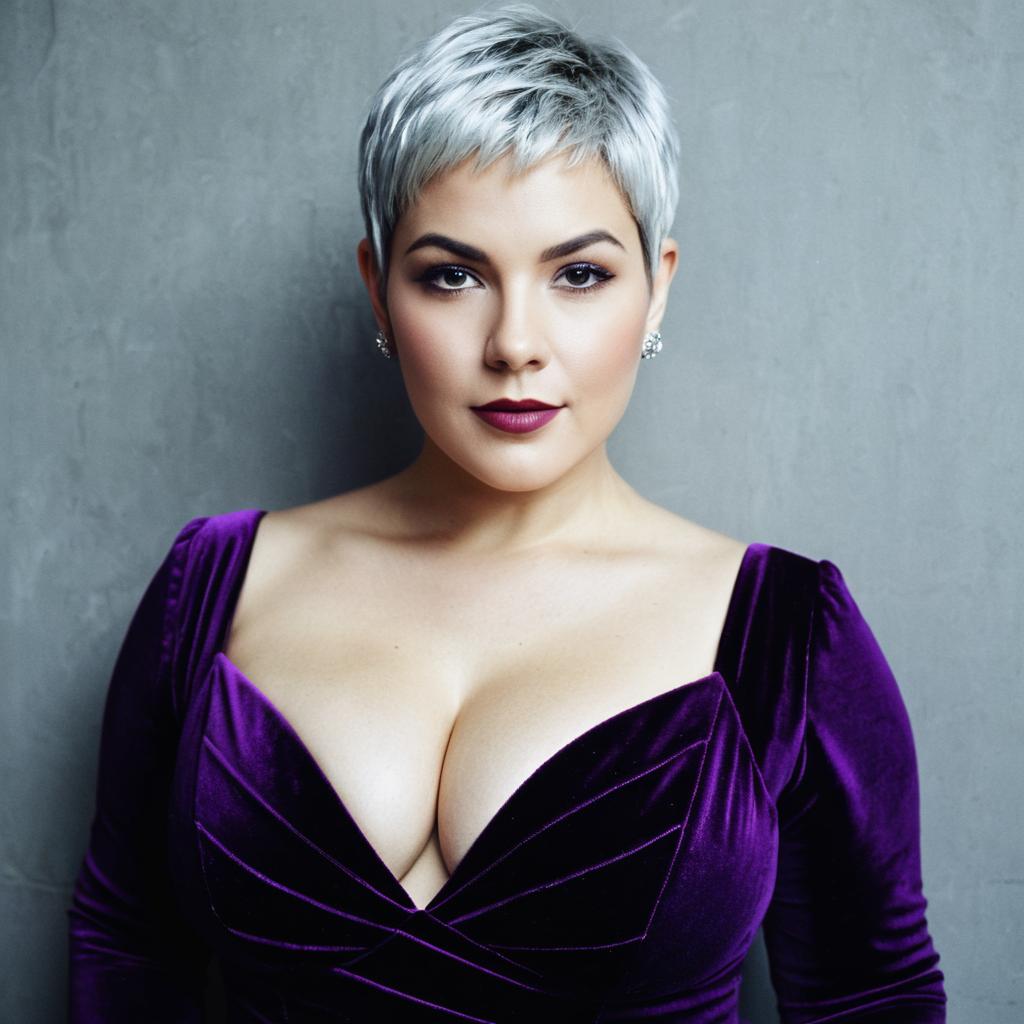 Confident Woman with Platinum Hair in Purple Velvet Dress