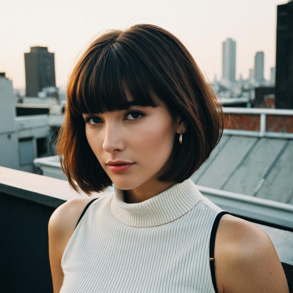 Young Woman with Bob Haircut on Urban Rooftop in White Turtleneck