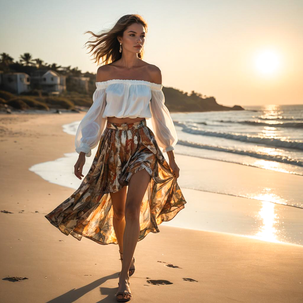 Woman in Off-Shoulder Blouse and Floral Skirt at Sunset