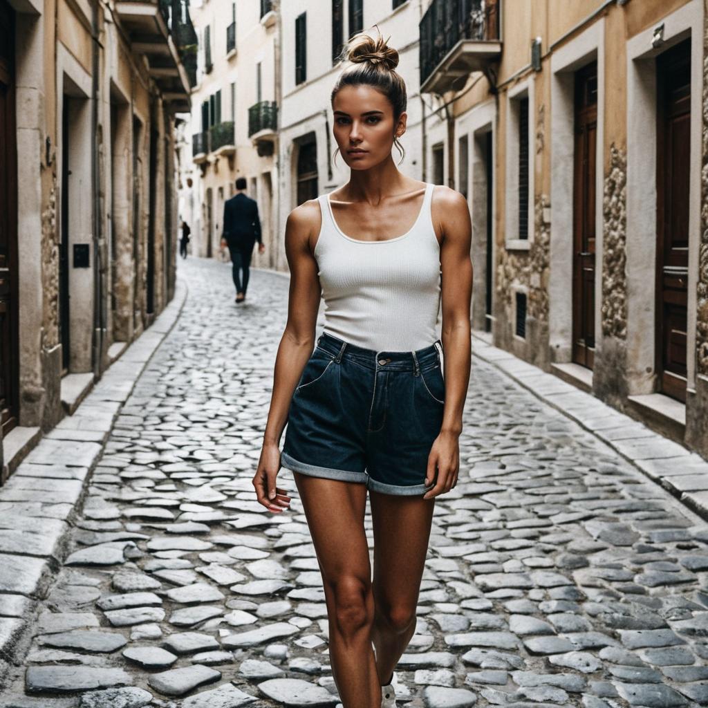 Confident Woman on Cobblestone Street Confident Woman on Cobblestone Street