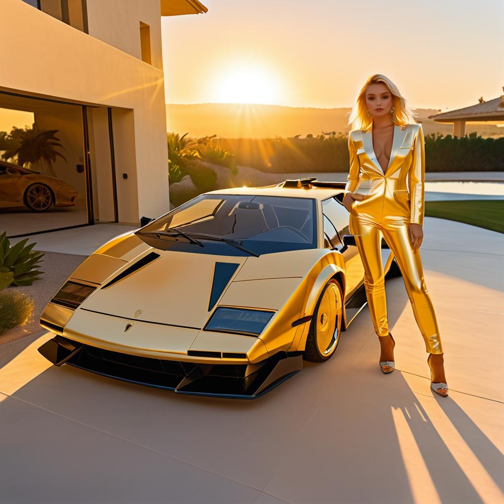 Glamorous Woman with Gold Sports Car at Sunset