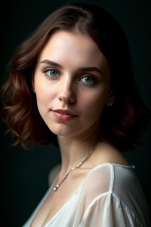 Portrait of a Woman with Blue Eyes and Wavy Hair