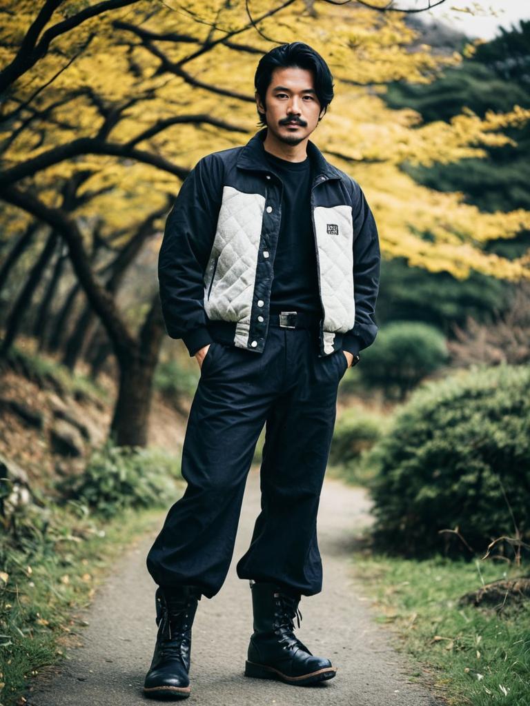 Stylish Man in Casual Street Style Outfit Outdoors with Autumn Foliage