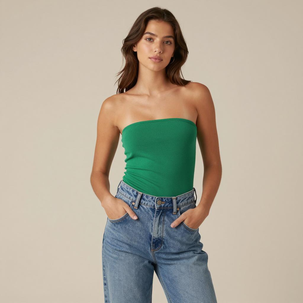 Young Woman in Trendy Green Strapless Top and High-Waisted Jeans Gen Z Fashion